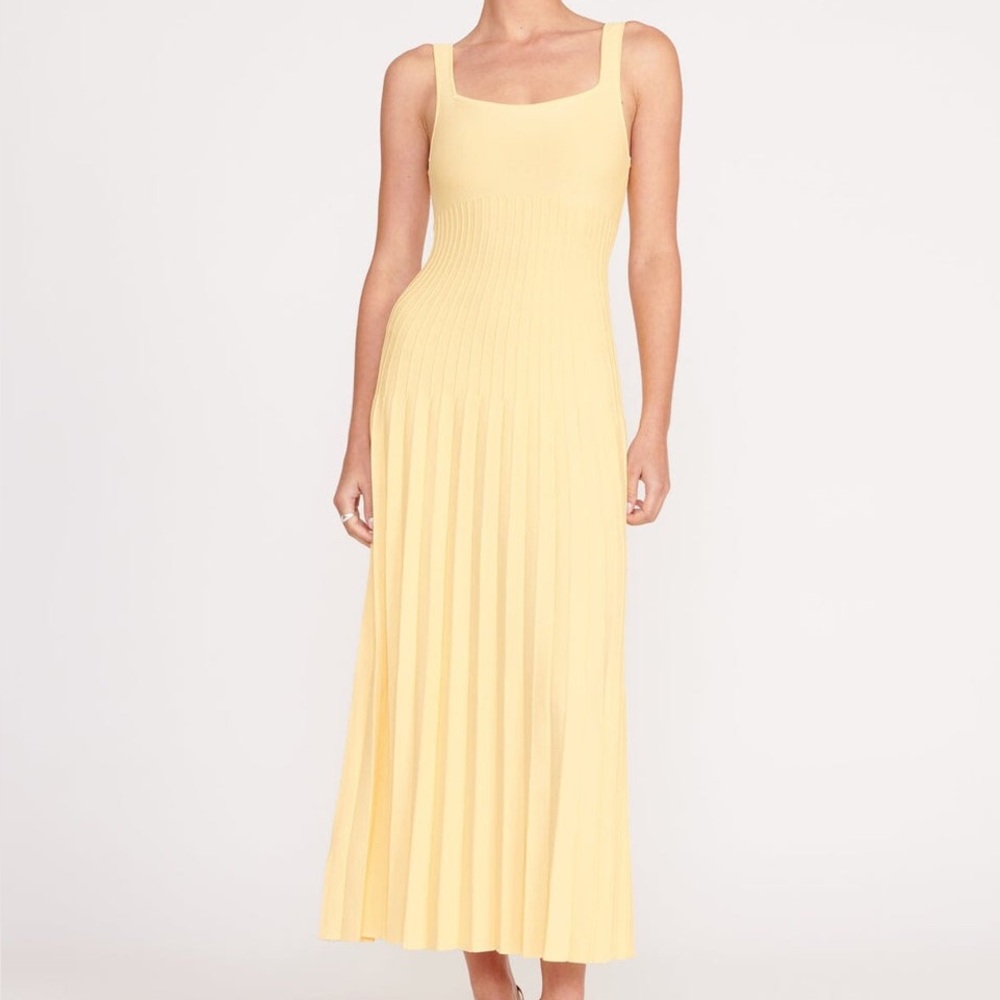 STAUD The Ellison Dress in Lemon Drop Yellow Women’s Size XL Pleated Square Neck